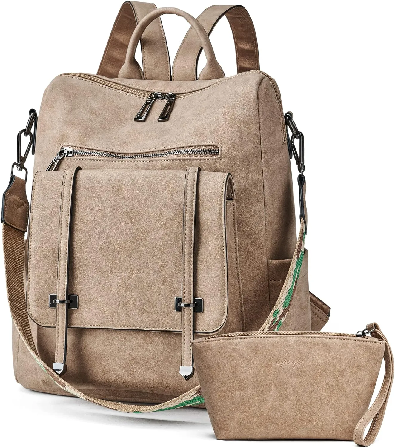 OPAGE PU Leather Backpack Purse for Women Backpack Purse Fashion Designer Travel Backpack Ladies Shoulder Bags With Wristlet, 14-in Height, Apricot