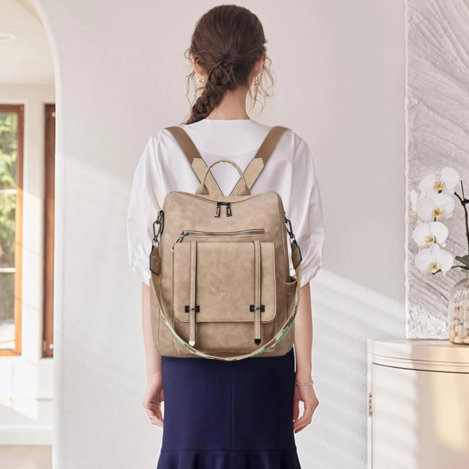 OPAGE PU Leather Backpack Purse for Women Backpack Purse Fashion Designer Travel Backpack Ladies Shoulder Bags With Wristlet, 14-in Height, Apricot