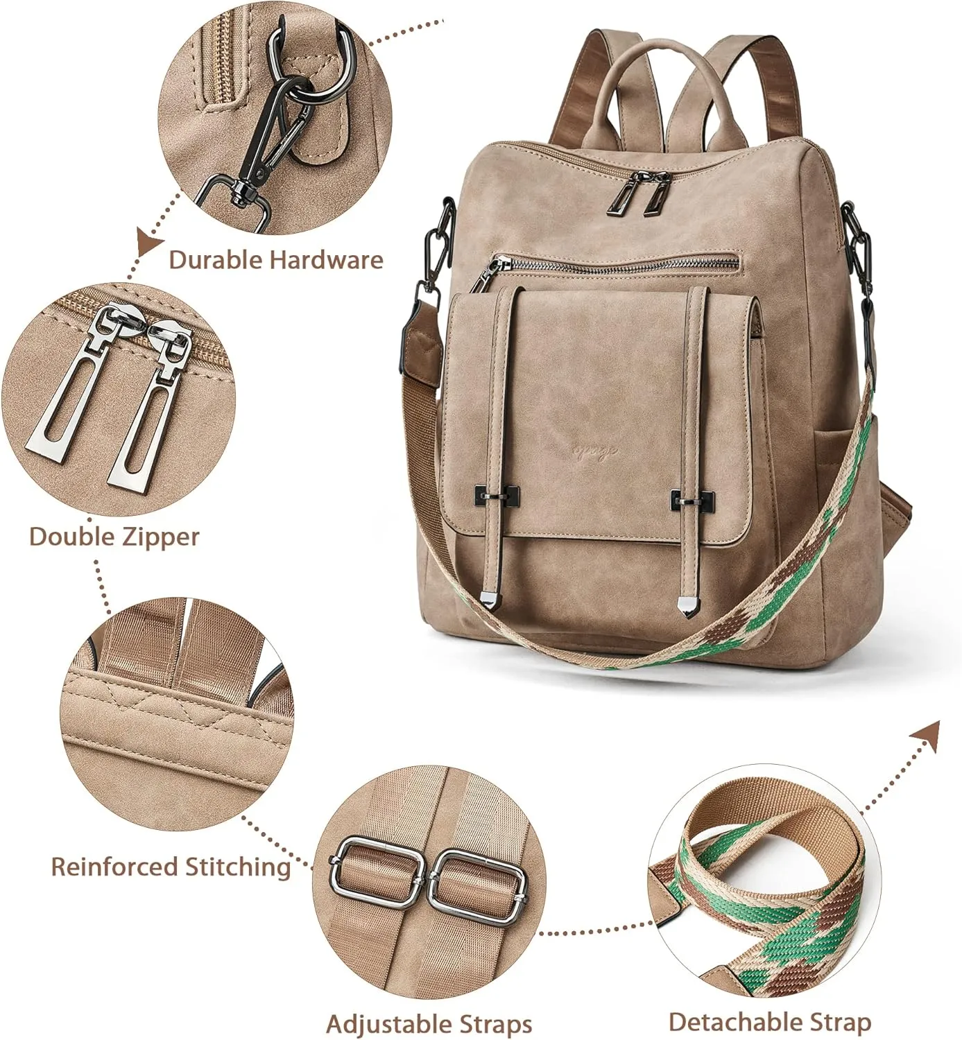 OPAGE PU Leather Backpack Purse for Women Backpack Purse Fashion Designer Travel Backpack Ladies Shoulder Bags With Wristlet, 14-in Height, Apricot