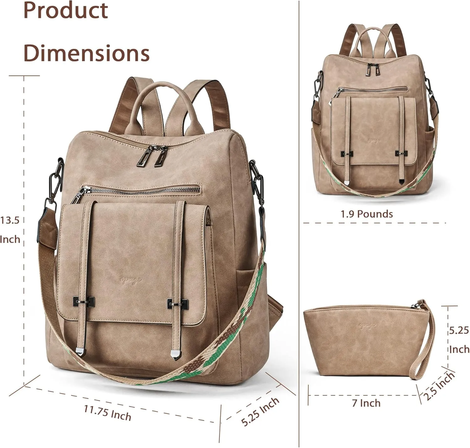 OPAGE PU Leather Backpack Purse for Women Backpack Purse Fashion Designer Travel Backpack Ladies Shoulder Bags With Wristlet, 14-in Height, Apricot
