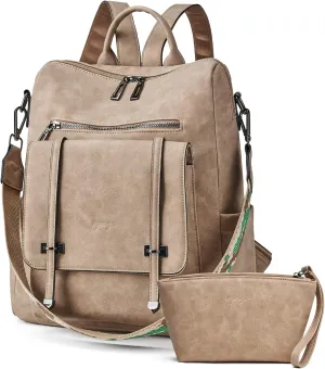 OPAGE PU Leather Backpack Purse for Women Backpack Purse Fashion Designer Travel Backpack Ladies Shoulder Bags With Wristlet, 14-in Height, Apricot