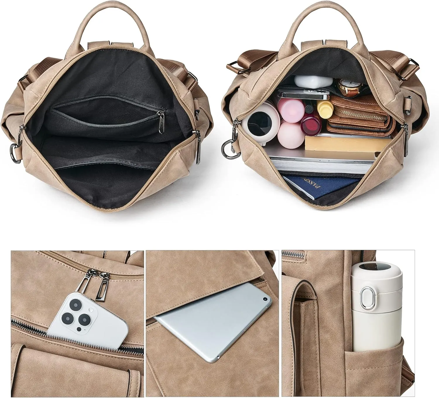 OPAGE PU Leather Backpack Purse for Women Backpack Purse Fashion Designer Travel Backpack Ladies Shoulder Bags With Wristlet, 14-in Height, Apricot