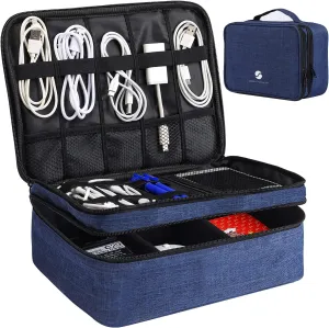 ORIENT FAMULAY Travel Electronics Organizer, Waterproof Cable Organizer Bag for Electronic Accessories Double Layer Large Shockproof Cable Storage Bag for Cord, Power Bank, Tablet(Up to iPad 11 inch) - Royal Blue