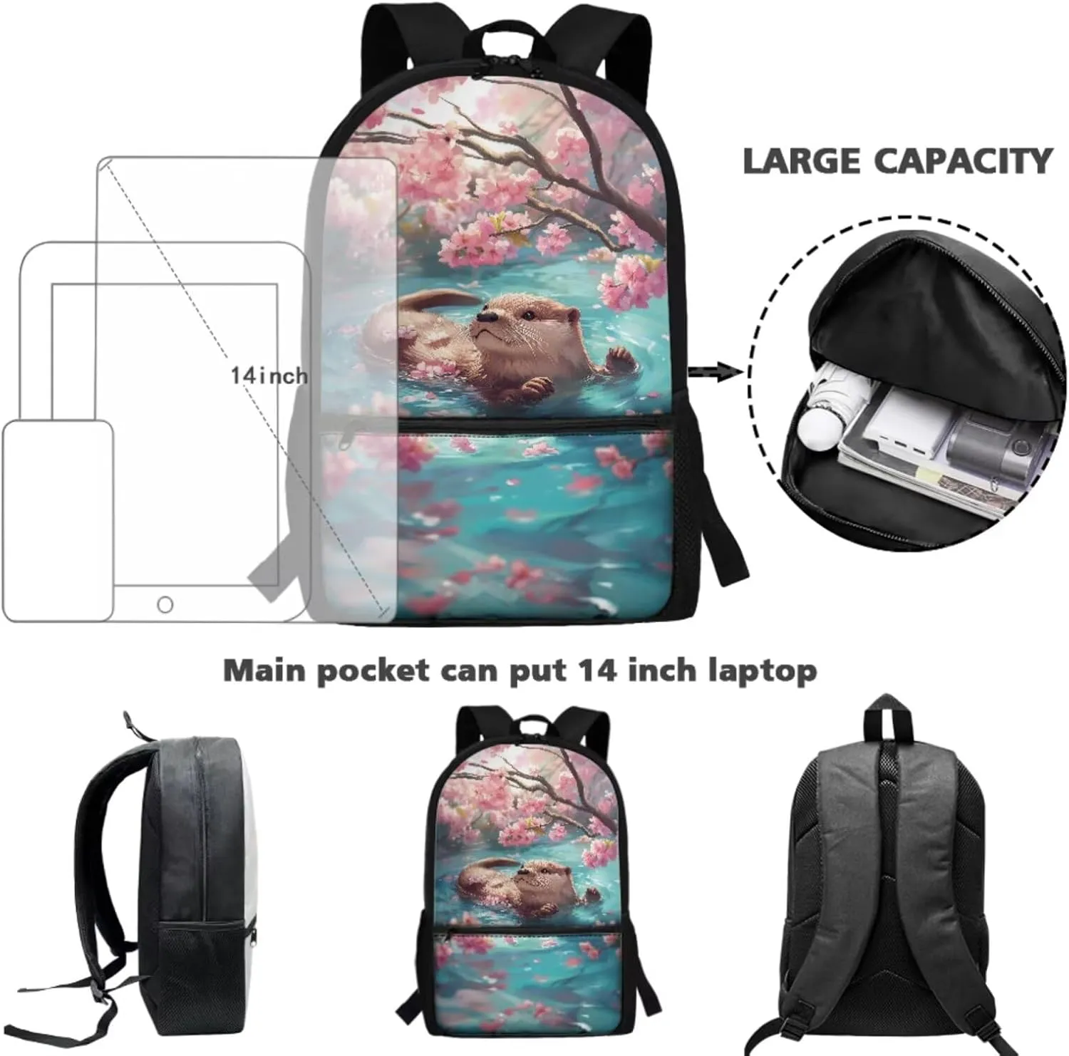Otter Backpack with Lunch Box and Pencil Case Water Bottle Holder 4 Piece School Bag Set Primary School Student Backpack Lunchbox Girls Flower 2nd Grade Bookbag Lunch Bag