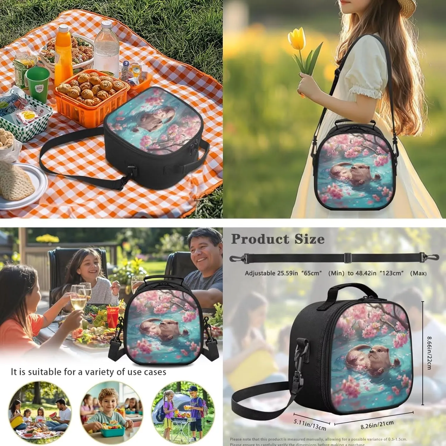 Otter Backpack with Lunch Box and Pencil Case Water Bottle Holder 4 Piece School Bag Set Primary School Student Backpack Lunchbox Girls Flower 2nd Grade Bookbag Lunch Bag