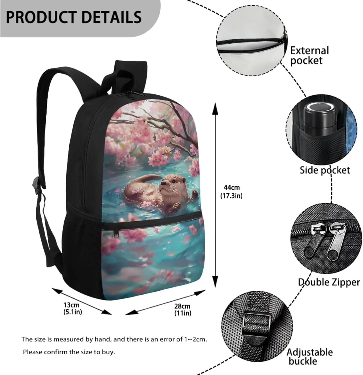 Otter Backpack with Lunch Box and Pencil Case Water Bottle Holder 4 Piece School Bag Set Primary School Student Backpack Lunchbox Girls Flower 2nd Grade Bookbag Lunch Bag