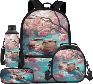 Otter Backpack with Lunch Box and Pencil Case Water Bottle Holder 4 Piece School Bag Set Primary School Student Backpack Lunchbox Girls Flower 2nd Grade Bookbag Lunch Bag