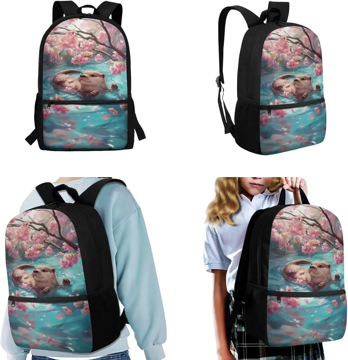Otter Backpack with Lunch Box and Pencil Case Water Bottle Holder 4 Piece School Bag Set Primary School Student Backpack Lunchbox Girls Flower 2nd Grade Bookbag Lunch Bag