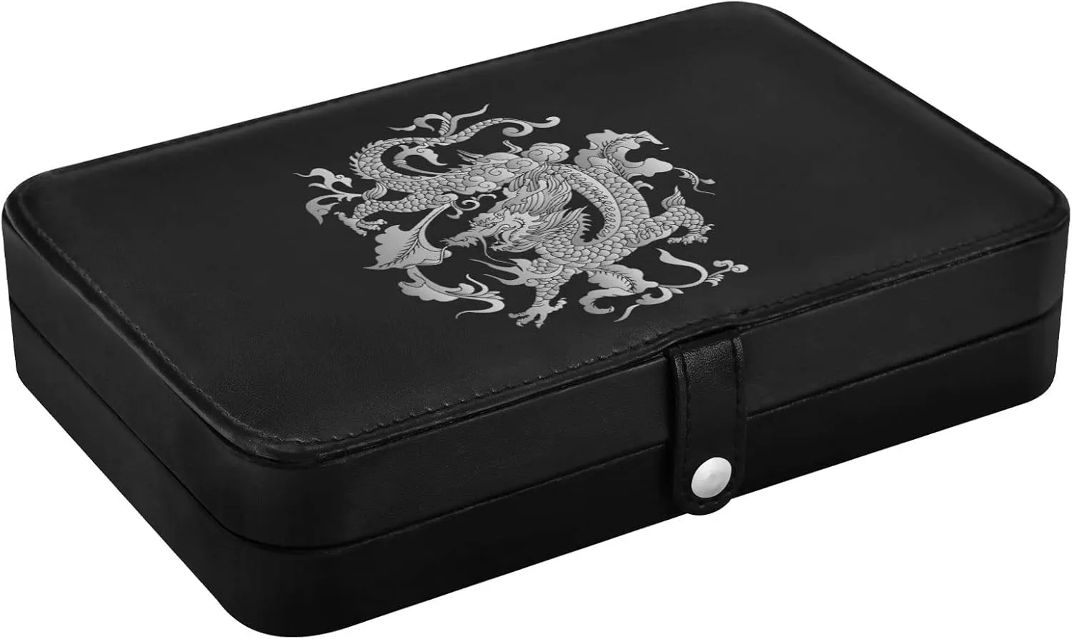 Oyihfvs Traditional Chinese Silver Grey Dragon on Black Dark Leather Jewelry Bag, Jewelry Storage, Portable Jewelry Organizer Boxes for Women Lady Necklace, Earrings, Rings, Bracelet