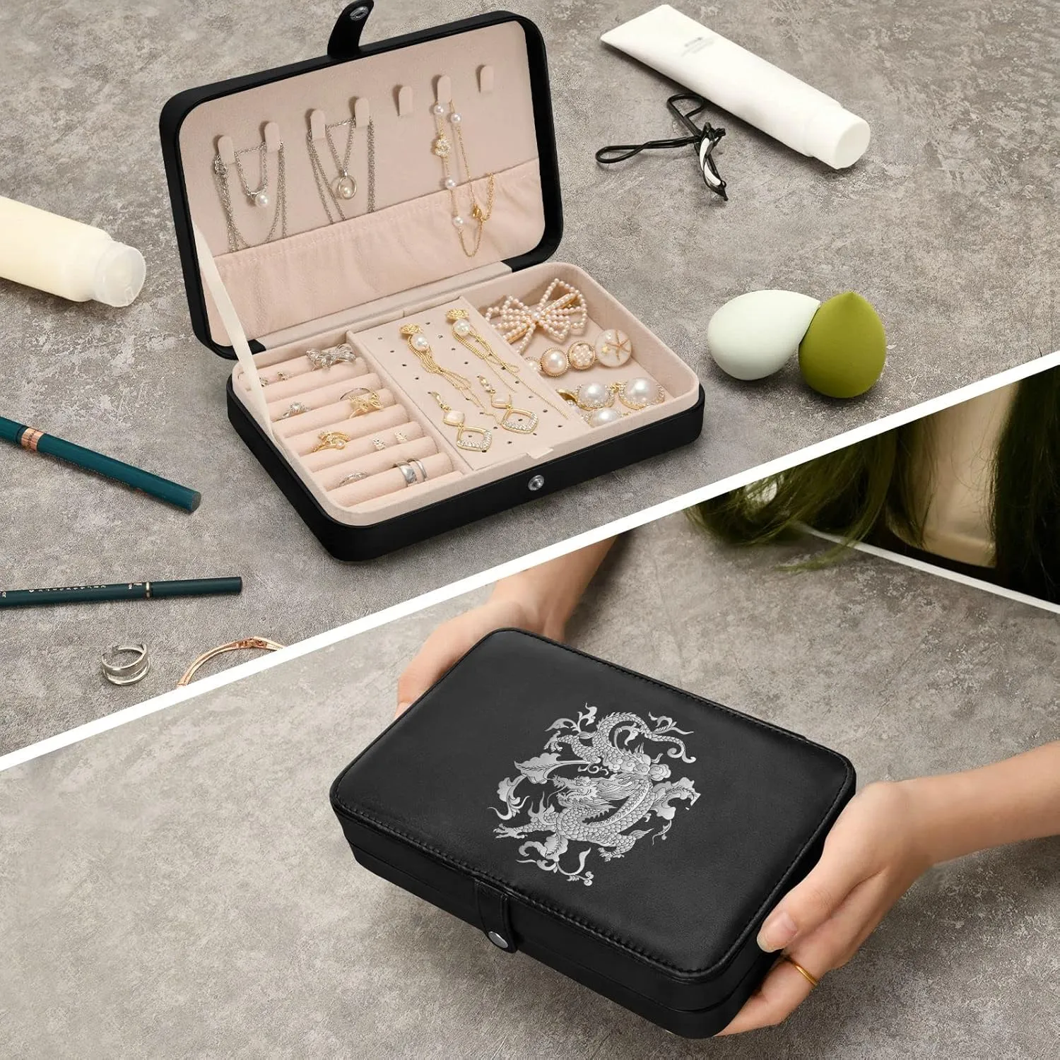 Oyihfvs Traditional Chinese Silver Grey Dragon on Black Dark Leather Jewelry Bag, Jewelry Storage, Portable Jewelry Organizer Boxes for Women Lady Necklace, Earrings, Rings, Bracelet