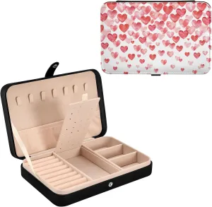 Oyihfvs Valentine's Day Watercolor Hearts Falling Red Hearts on White Leather Jewelry Bag, Jewelry Storage, Portable Jewelry Organizer Boxes for Women Lady Necklace, Earrings, Rings, Bracelet