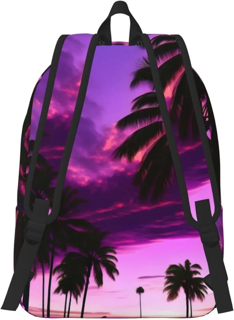Palm Tree Purple Sunset Canvas Backpack For Men Women,Casual Rucksack Backpack, Laptop College Hiking Travel Bag