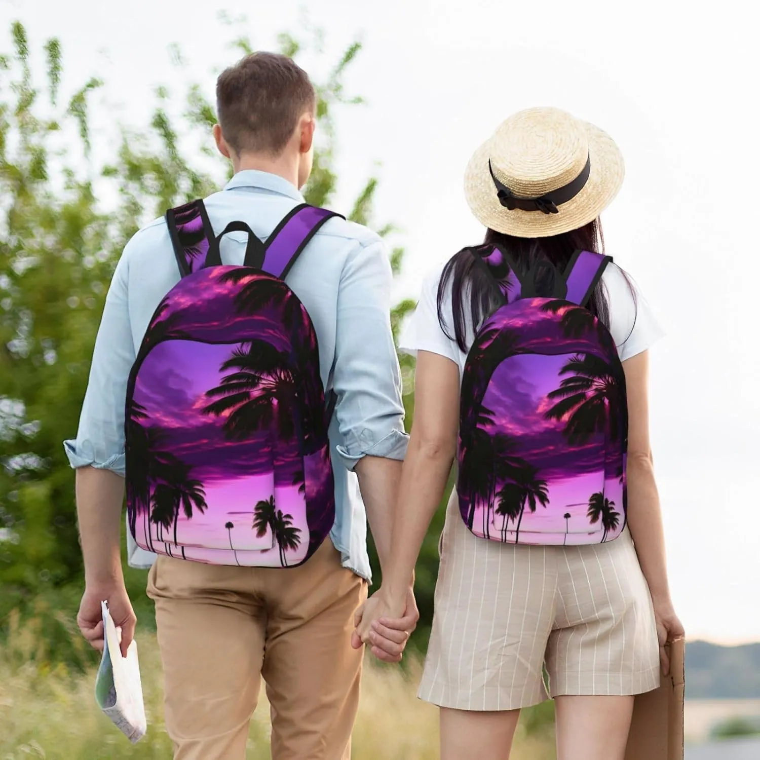 Palm Tree Purple Sunset Canvas Backpack For Men Women,Casual Rucksack Backpack, Laptop College Hiking Travel Bag