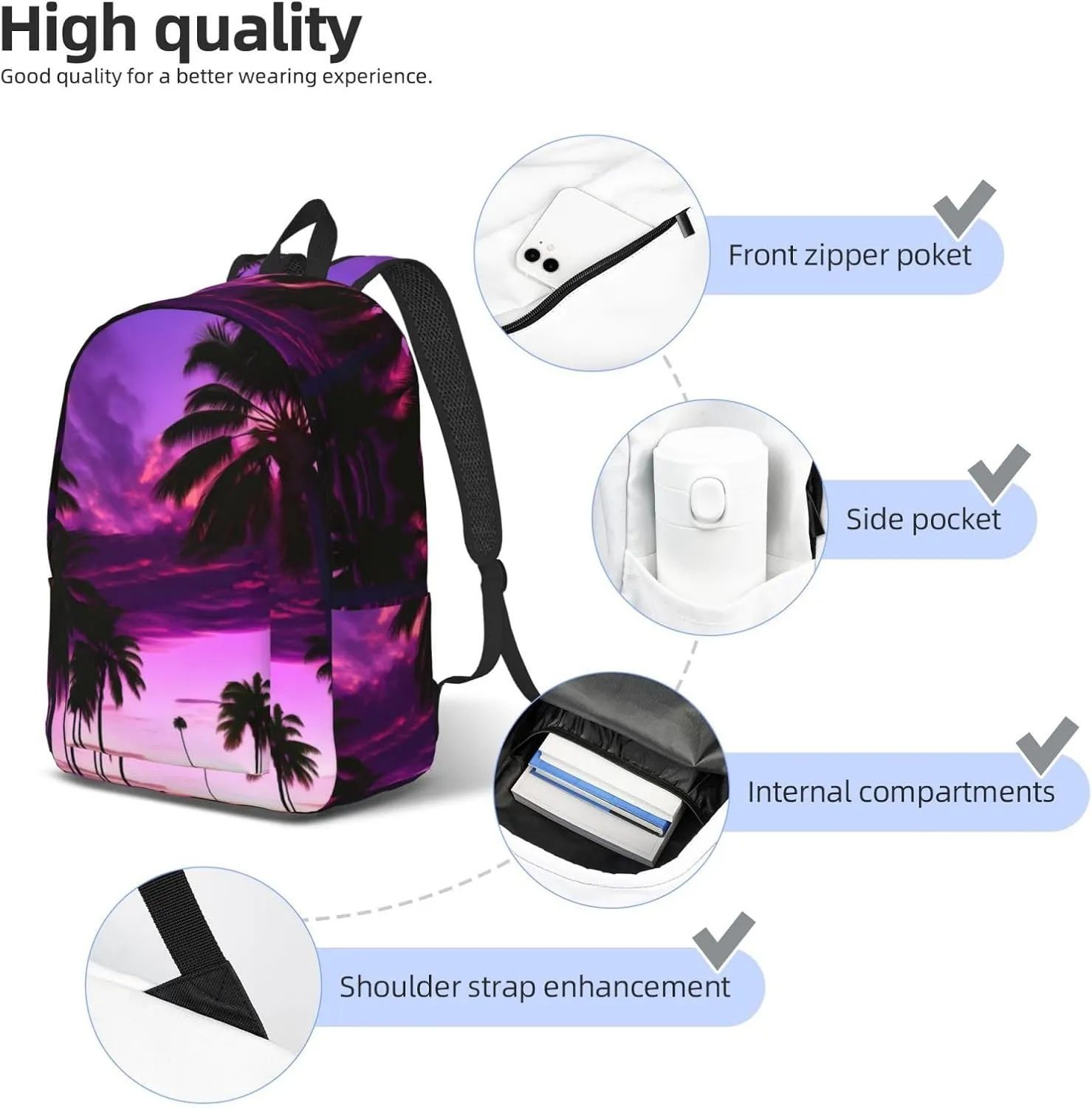 Palm Tree Purple Sunset Canvas Backpack For Men Women,Casual Rucksack Backpack, Laptop College Hiking Travel Bag