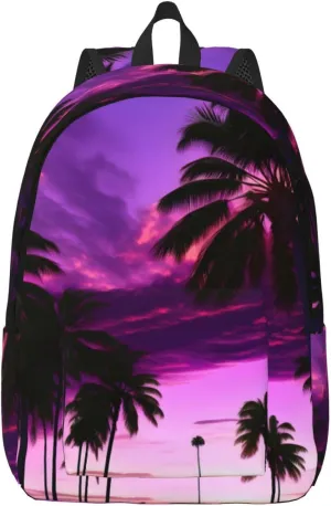 Palm Tree Purple Sunset Canvas Backpack For Men Women,Casual Rucksack Backpack, Laptop College Hiking Travel Bag