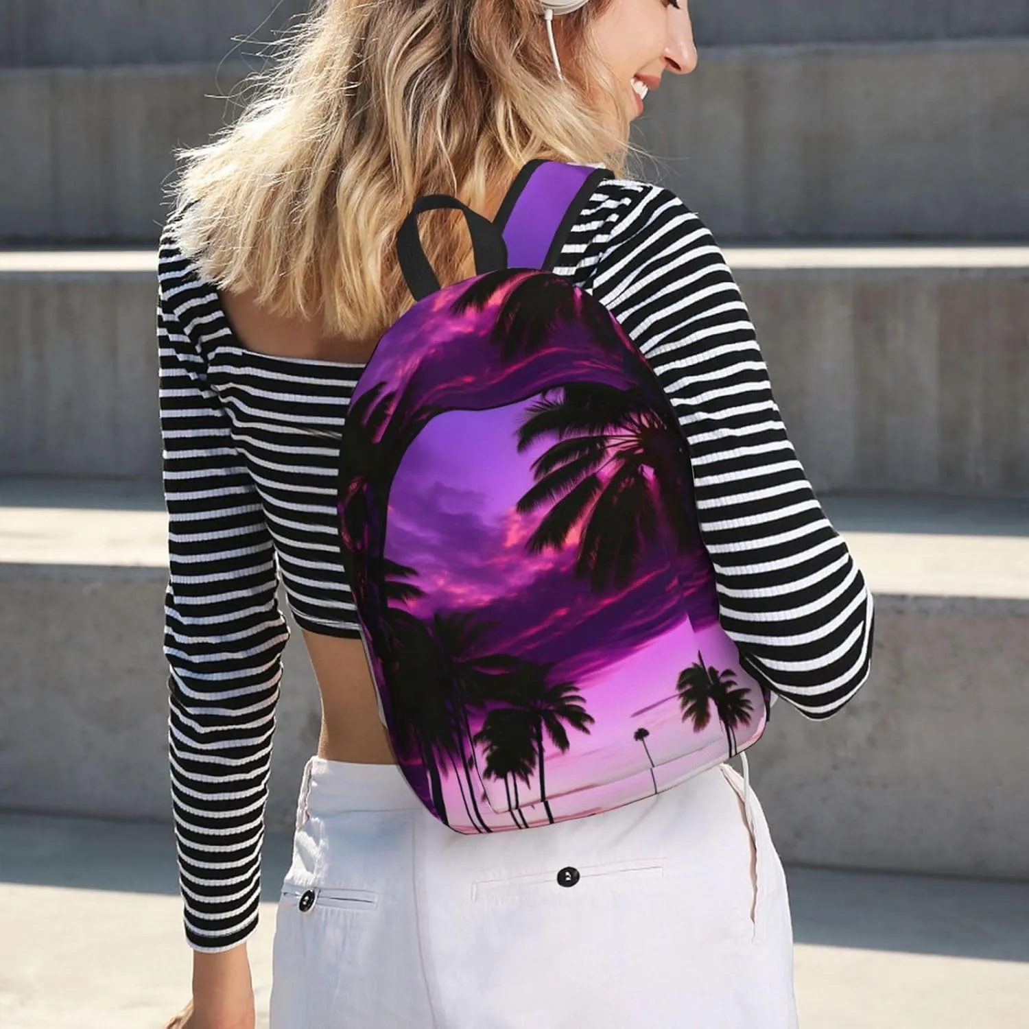 Palm Tree Purple Sunset Canvas Backpack For Men Women,Casual Rucksack Backpack, Laptop College Hiking Travel Bag