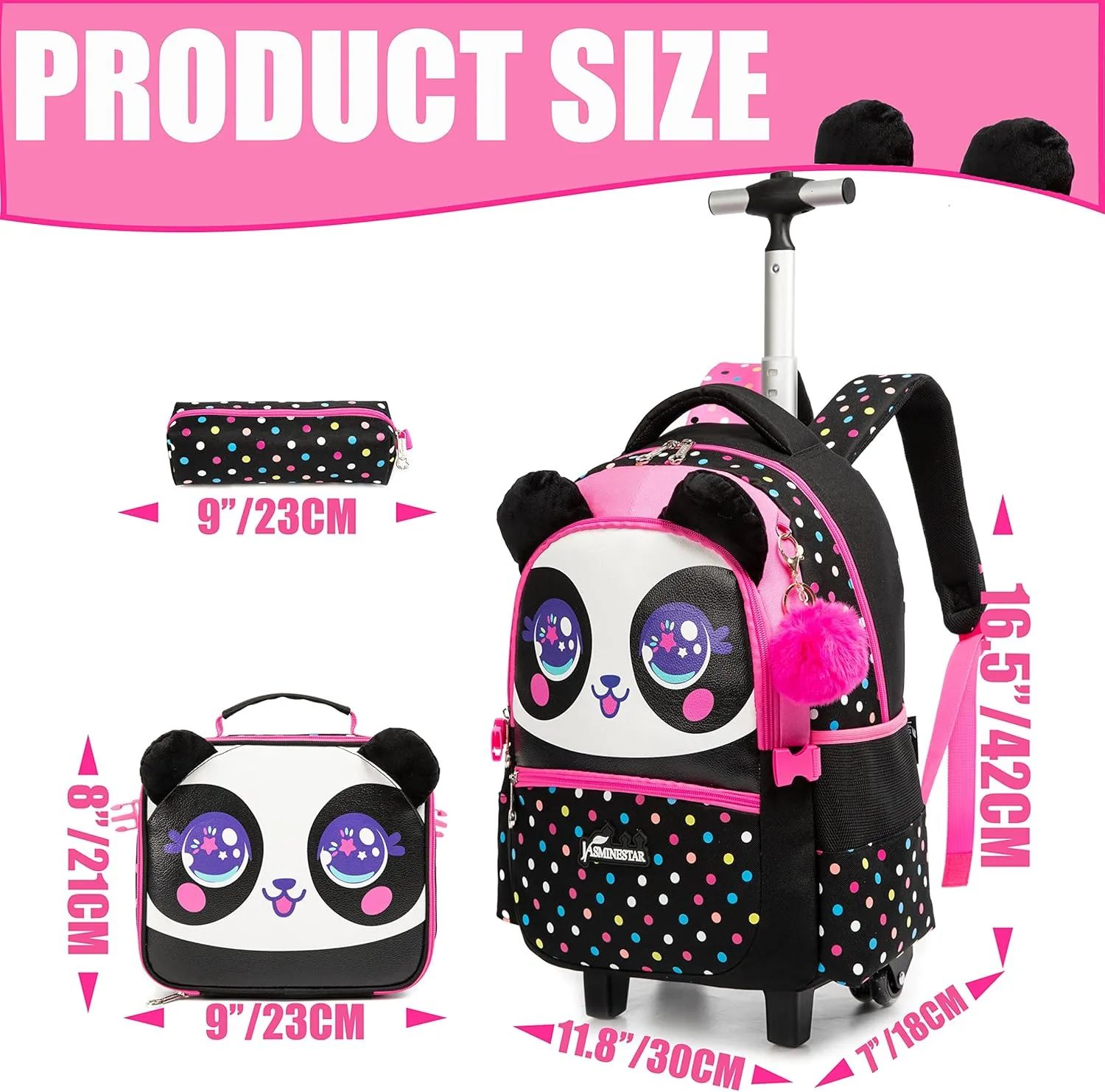 Panda Rolling Backpack for Girls Kids Backpack with Wheels Roller Backpack with Wheels Set for Elementary Students Carry on Luggage Bookbag with Roller