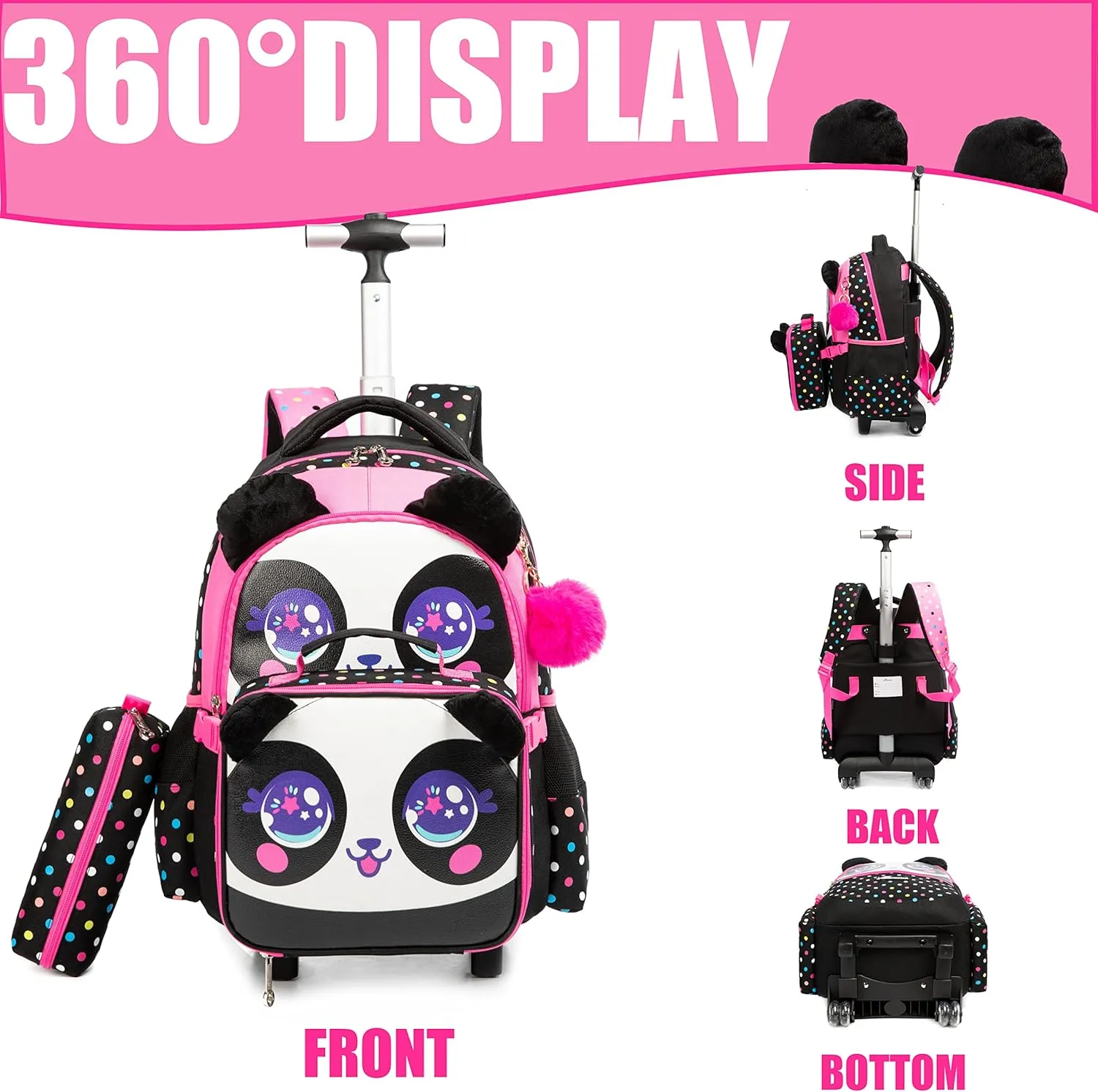 Panda Rolling Backpack for Girls Kids Backpack with Wheels Roller Backpack with Wheels Set for Elementary Students Carry on Luggage Bookbag with Roller