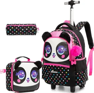 Panda Rolling Backpack for Girls Kids Backpack with Wheels Roller Backpack with Wheels Set for Elementary Students Carry on Luggage Bookbag with Roller