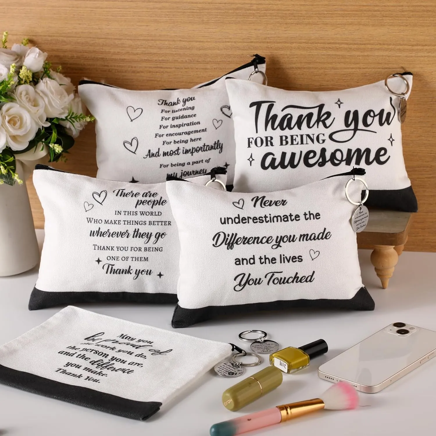 Panelee 48 Pcs Graduation Teacher Appreciation Makeup Bags Bulk and Keychains Motivational Gift for Women Cosmetic Bags