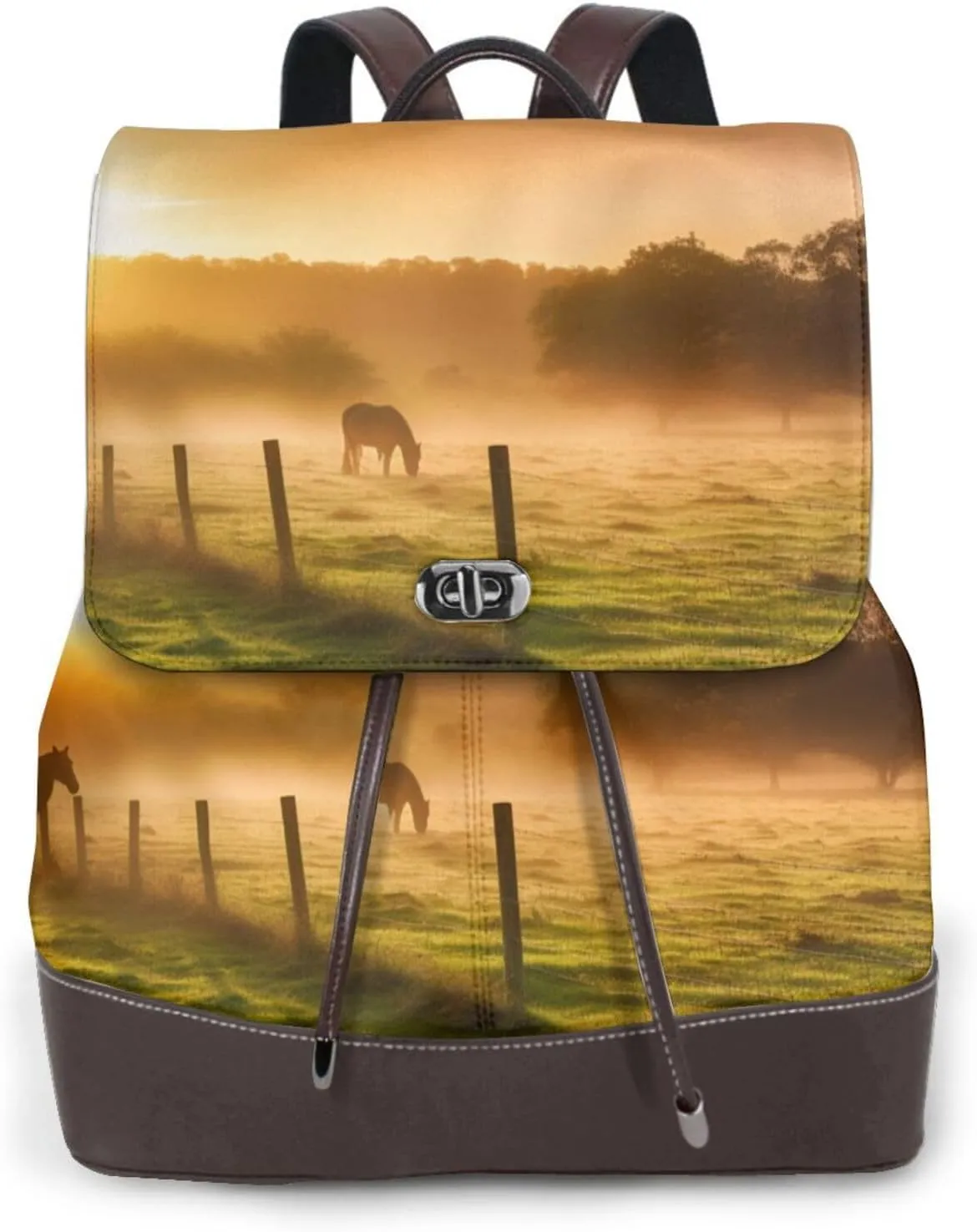 Pasture at Sundown in Orange Sunny Beams printed Ladies Leather Shoulder Bag Fashion Backpack
