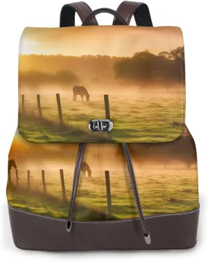 Pasture at Sundown in Orange Sunny Beams printed Ladies Leather Shoulder Bag Fashion Backpack