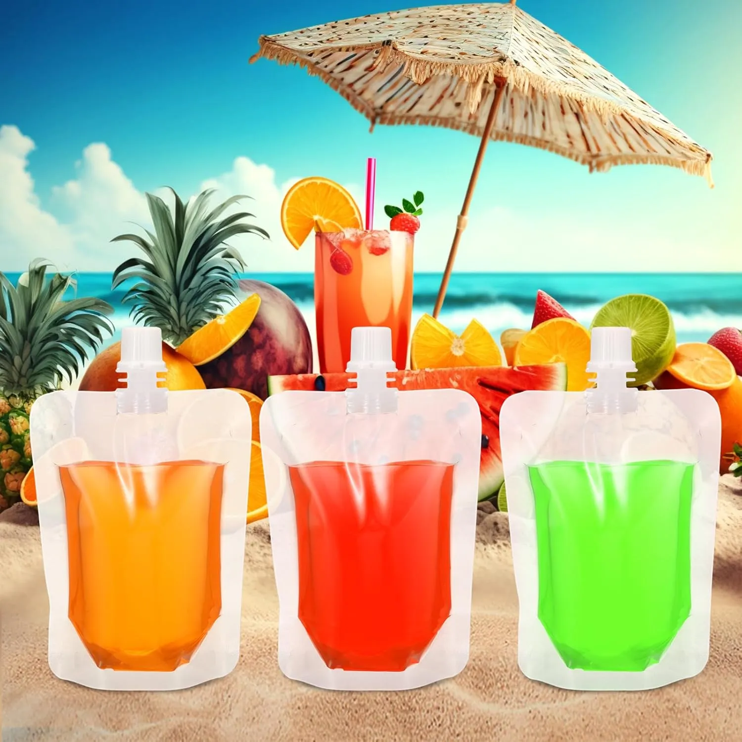 Patelai 150 Pieces Plastic Liquid Pouch Reusable Juice Pouches Travel Water Leak Proof Bags Bulk with Collapsible Silicone Funnel for Travel Outdoor (5 oz)