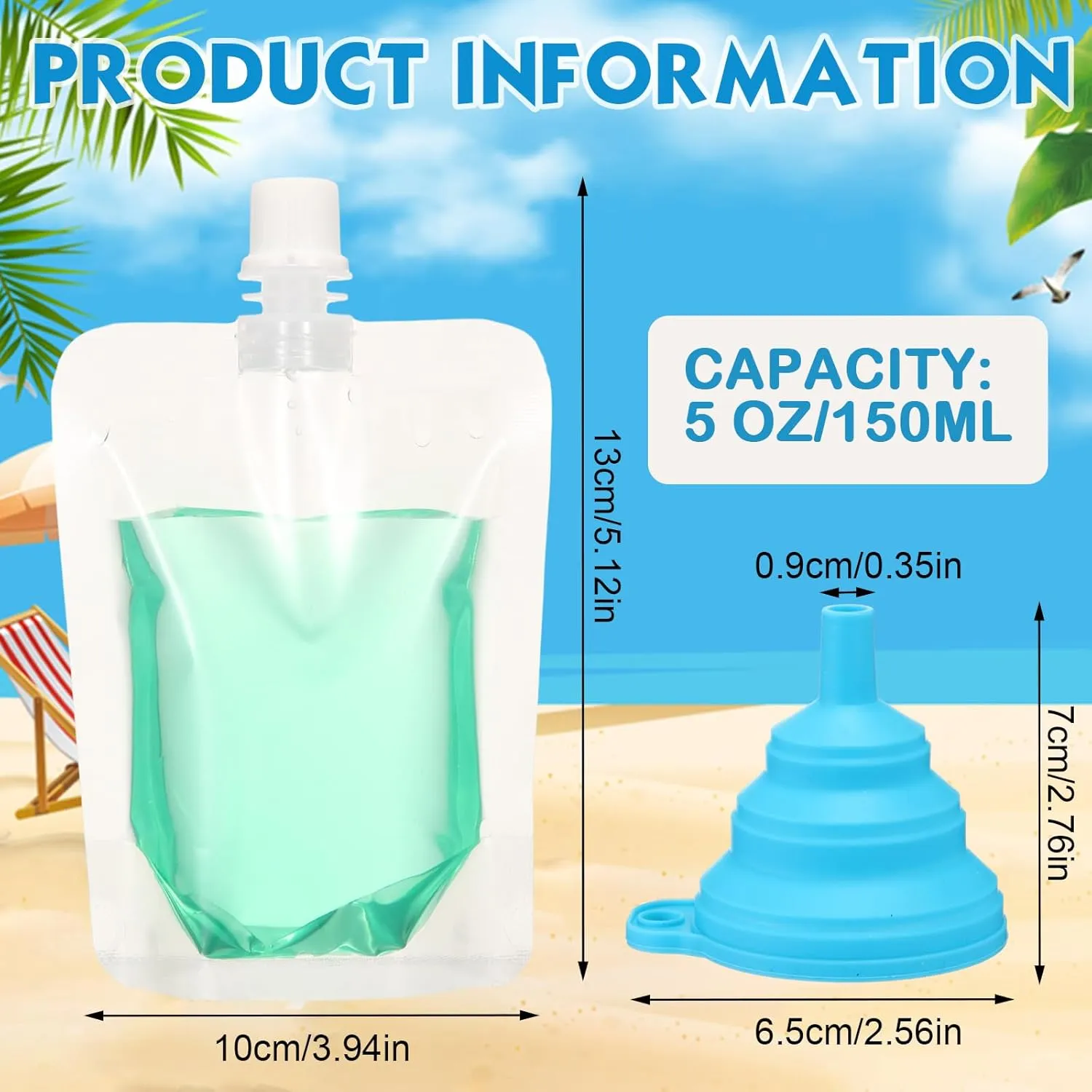 Patelai 150 Pieces Plastic Liquid Pouch Reusable Juice Pouches Travel Water Leak Proof Bags Bulk with Collapsible Silicone Funnel for Travel Outdoor (5 oz)