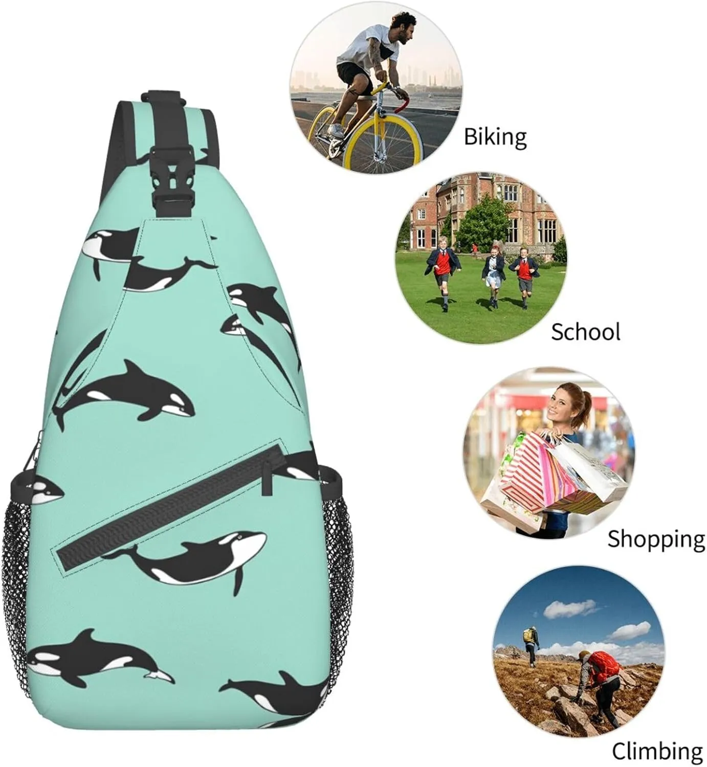 Penguin Balloon Snowflake Printed Canvas Sling Bag Crossbody Backpack, Hiking Daypack Chest Bag For Women Men