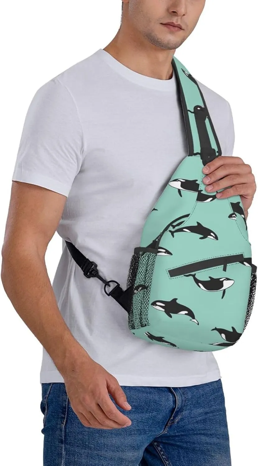 Penguin Balloon Snowflake Printed Canvas Sling Bag Crossbody Backpack, Hiking Daypack Chest Bag For Women Men