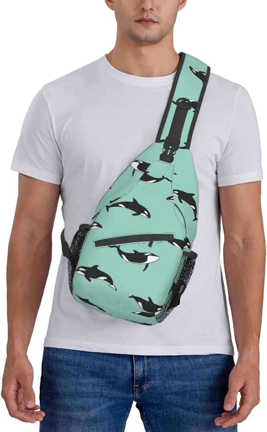 Penguin Balloon Snowflake Printed Canvas Sling Bag Crossbody Backpack, Hiking Daypack Chest Bag For Women Men