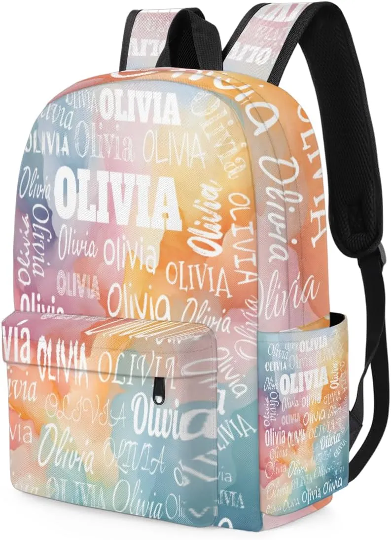 Personalized Backpack for Teen Boys Girls, Custom Travel Backpack Bookbag Casual Bag with Name for Big Kids, Watercolor Light Blue and Pink Orange