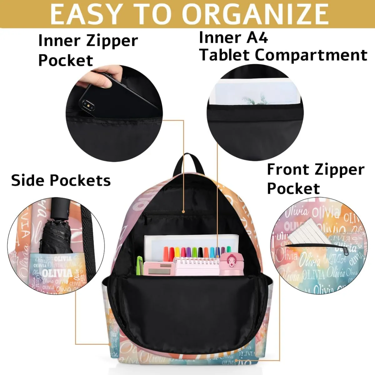 Personalized Backpack for Teen Boys Girls, Custom Travel Backpack Bookbag Casual Bag with Name for Big Kids, Watercolor Light Blue and Pink Orange