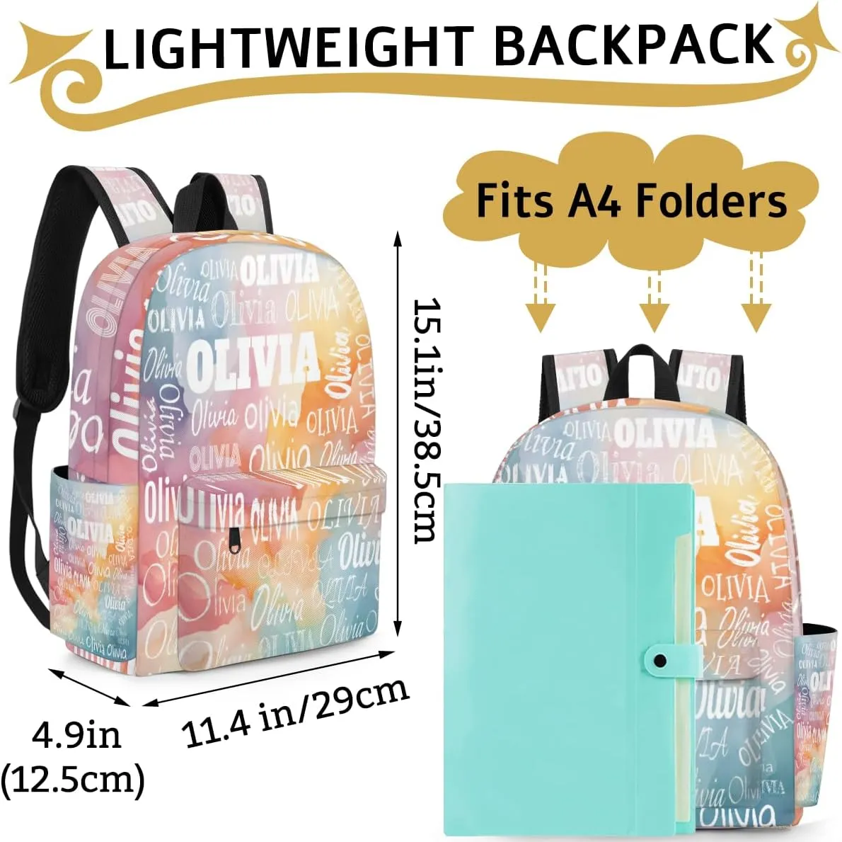Personalized Backpack for Teen Boys Girls, Custom Travel Backpack Bookbag Casual Bag with Name for Big Kids, Watercolor Light Blue and Pink Orange