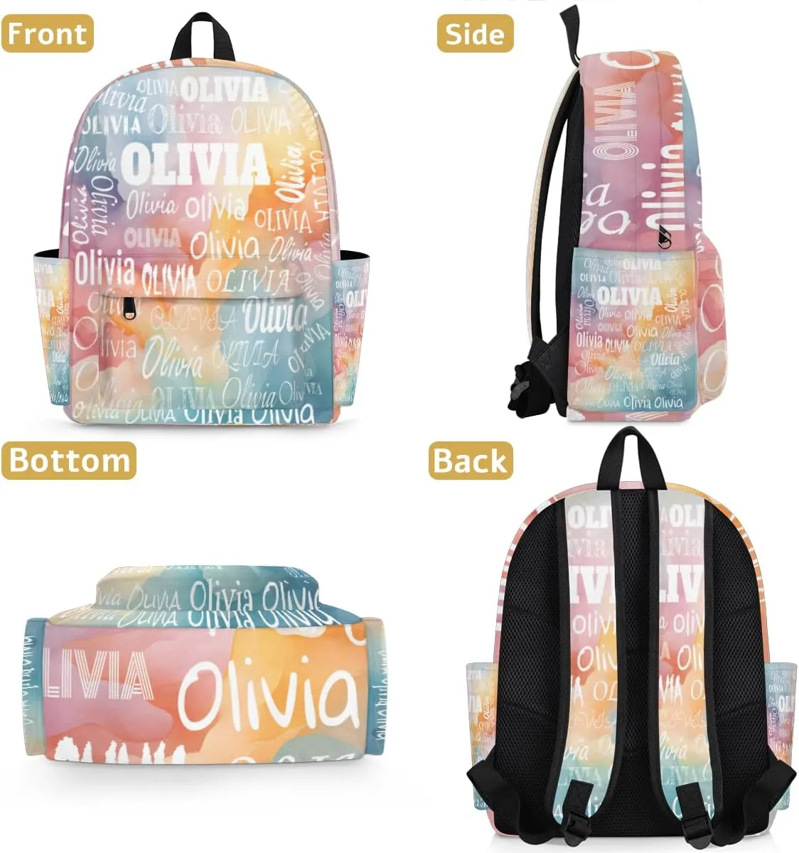 Personalized Backpack for Teen Boys Girls, Custom Travel Backpack Bookbag Casual Bag with Name for Big Kids, Watercolor Light Blue and Pink Orange