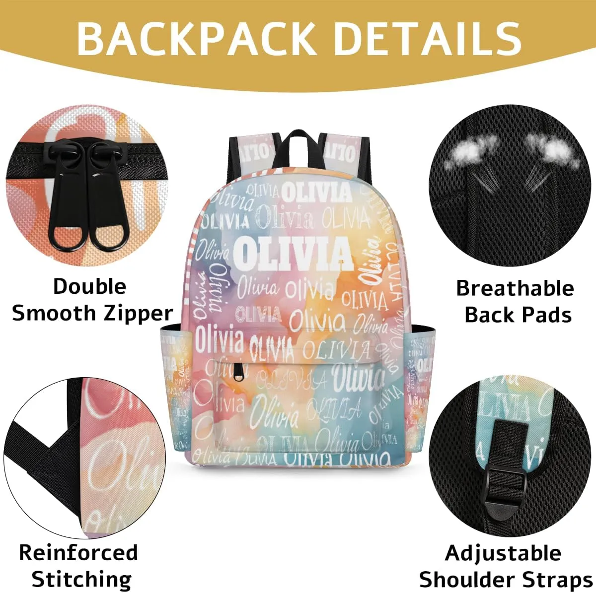 Personalized Backpack for Teen Boys Girls, Custom Travel Backpack Bookbag Casual Bag with Name for Big Kids, Watercolor Light Blue and Pink Orange
