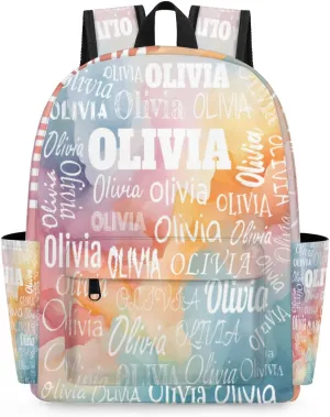 Personalized Backpack for Teen Boys Girls, Custom Travel Backpack Bookbag Casual Bag with Name for Big Kids, Watercolor Light Blue and Pink Orange