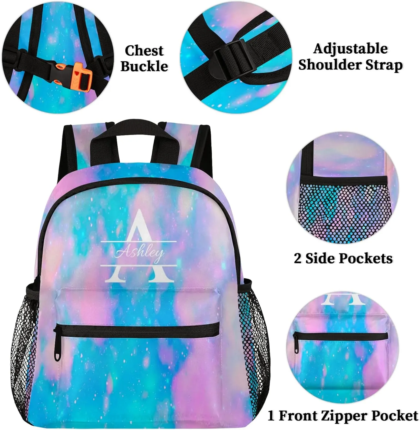 Personalized Backpack with Initial & Name Customized Shoulder Bag for Women Waterproof Travel Casual Daypack Gifts 12in, Blue Pink Glitter