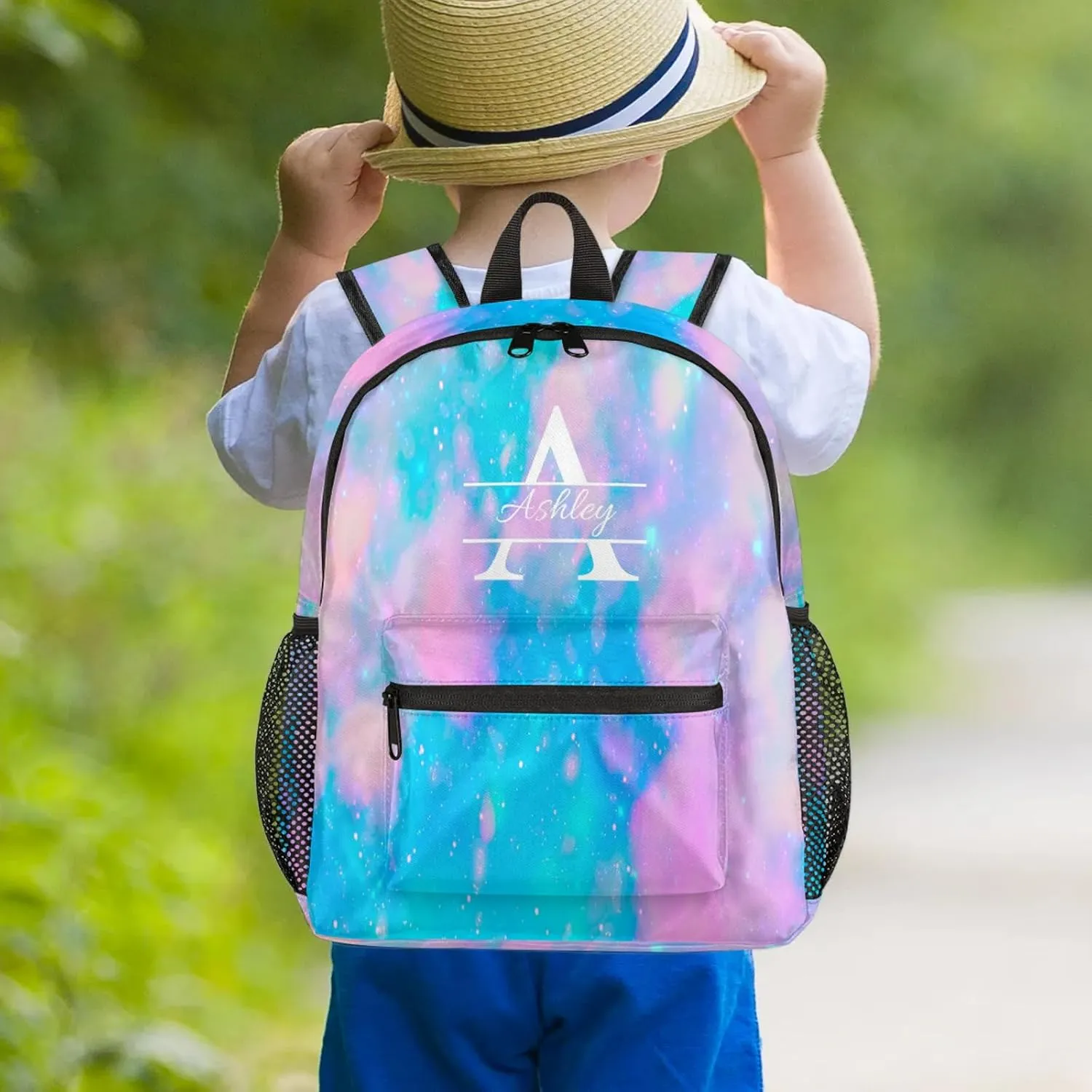 Personalized Backpack with Initial & Name Customized Shoulder Bag for Women Waterproof Travel Casual Daypack Gifts 12in, Blue Pink Glitter