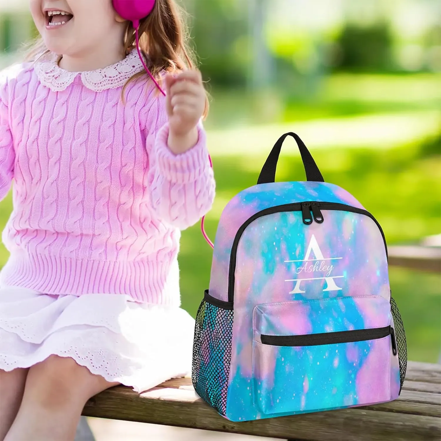 Personalized Backpack with Initial & Name Customized Shoulder Bag for Women Waterproof Travel Casual Daypack Gifts 12in, Blue Pink Glitter