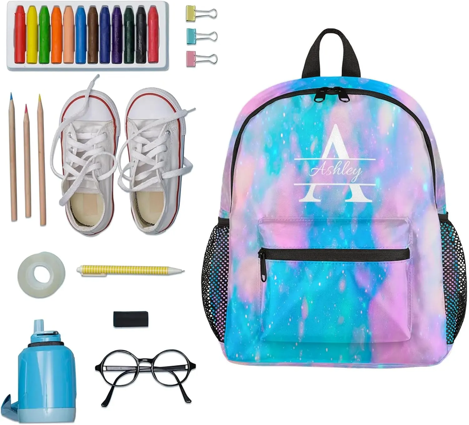 Personalized Backpack with Initial & Name Customized Shoulder Bag for Women Waterproof Travel Casual Daypack Gifts 12in, Blue Pink Glitter