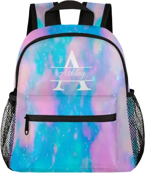 Personalized Backpack with Initial & Name Customized Shoulder Bag for Women Waterproof Travel Casual Daypack Gifts 12in, Blue Pink Glitter
