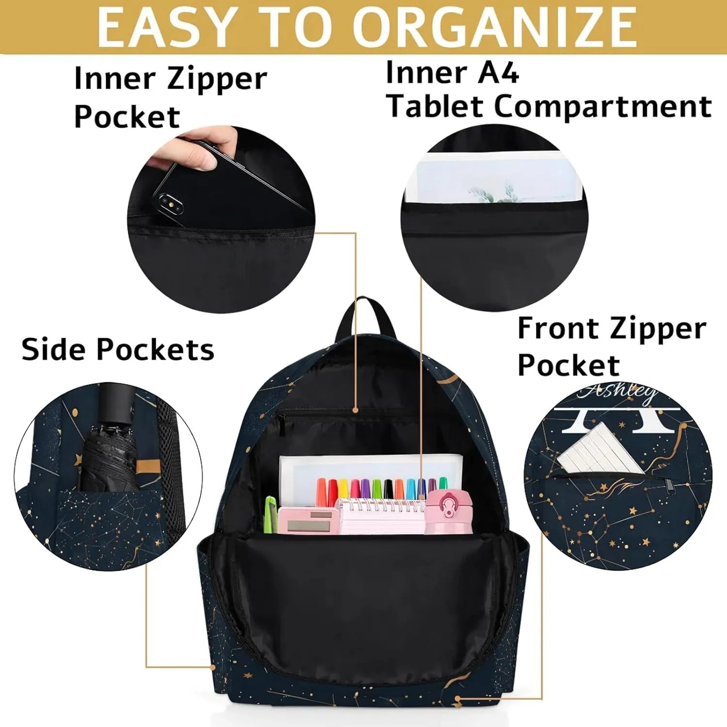 Personalized Backpack with Initial & Name Personalized Shoulder Bag for Women Men Waterproof Travel Casual Daypack 15.1in, Cosmos Sky Galaxy Universe
