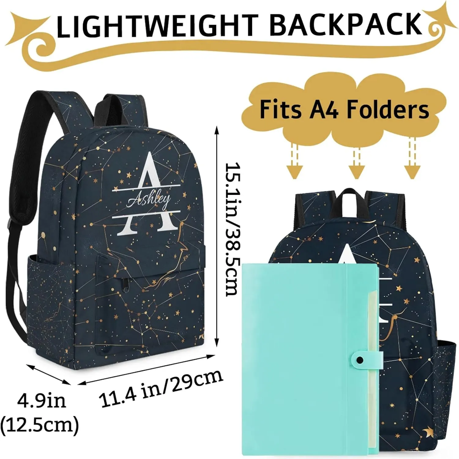 Personalized Backpack with Initial & Name Personalized Shoulder Bag for Women Men Waterproof Travel Casual Daypack 15.1in, Cosmos Sky Galaxy Universe