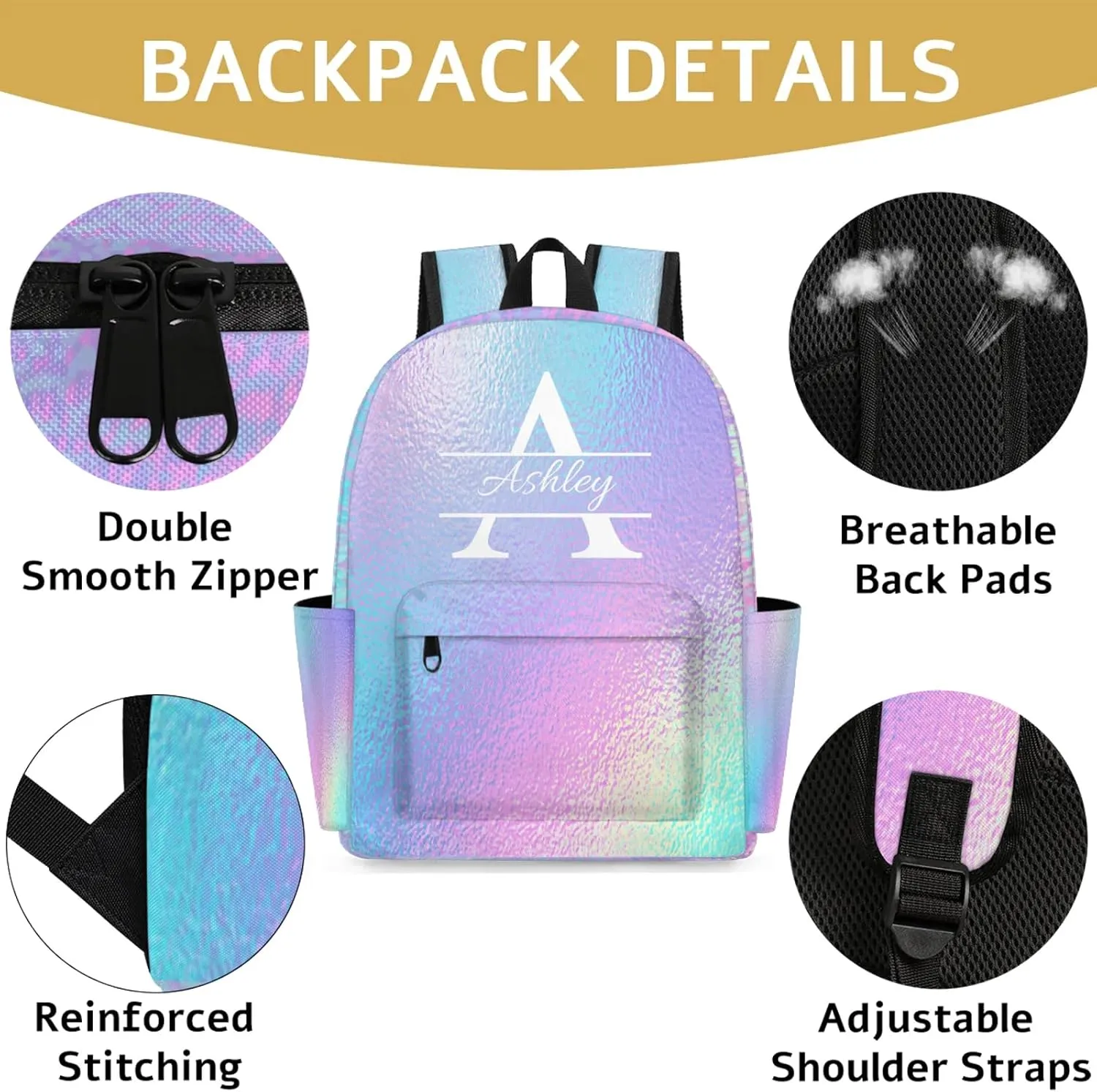 Personalized Backpack with Initial & Name Personalized Shoulder Bag for Women Men Waterproof Travel Casual Daypack 15.1in, Gradient Blue Purple