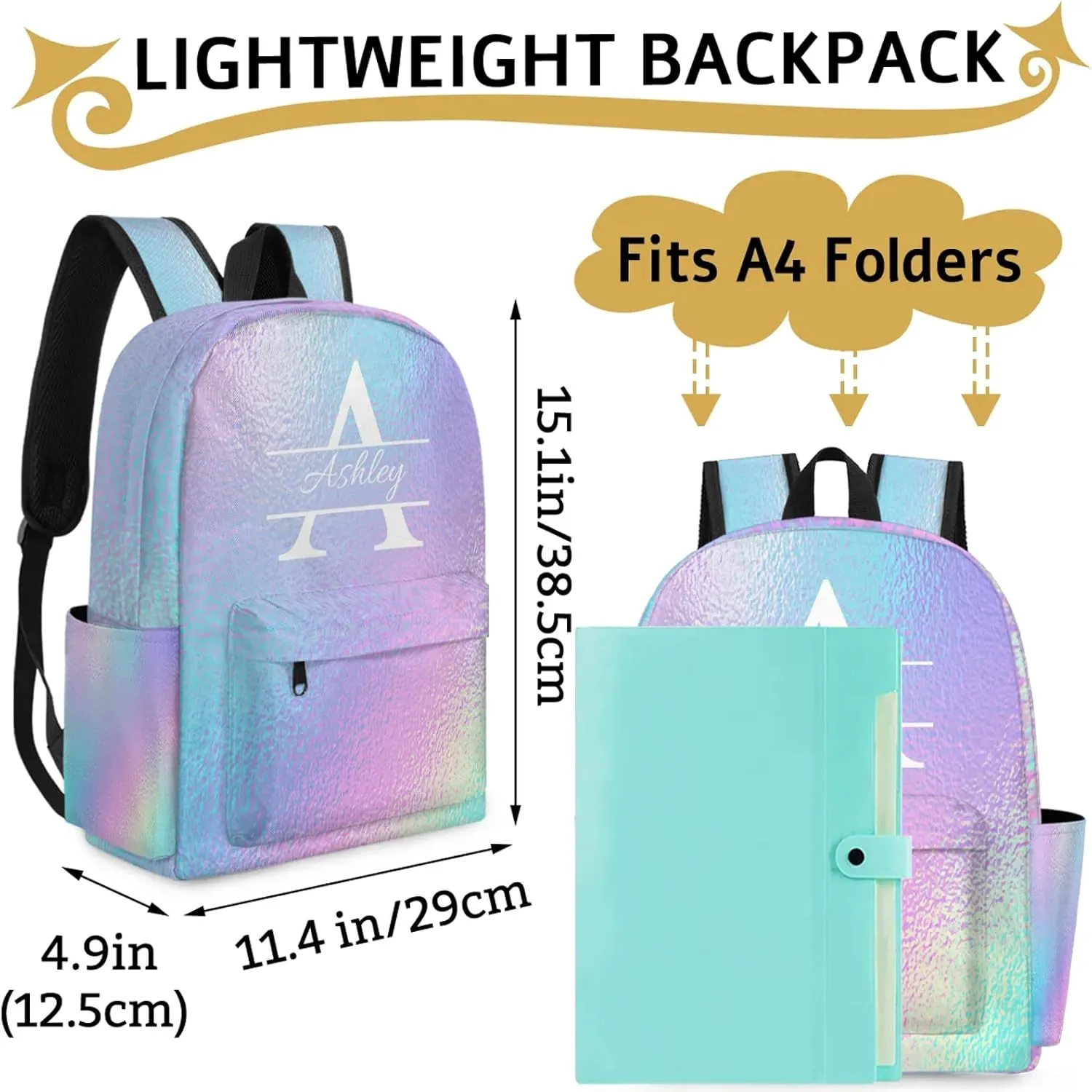 Personalized Backpack with Initial & Name Personalized Shoulder Bag for Women Men Waterproof Travel Casual Daypack 15.1in, Gradient Blue Purple