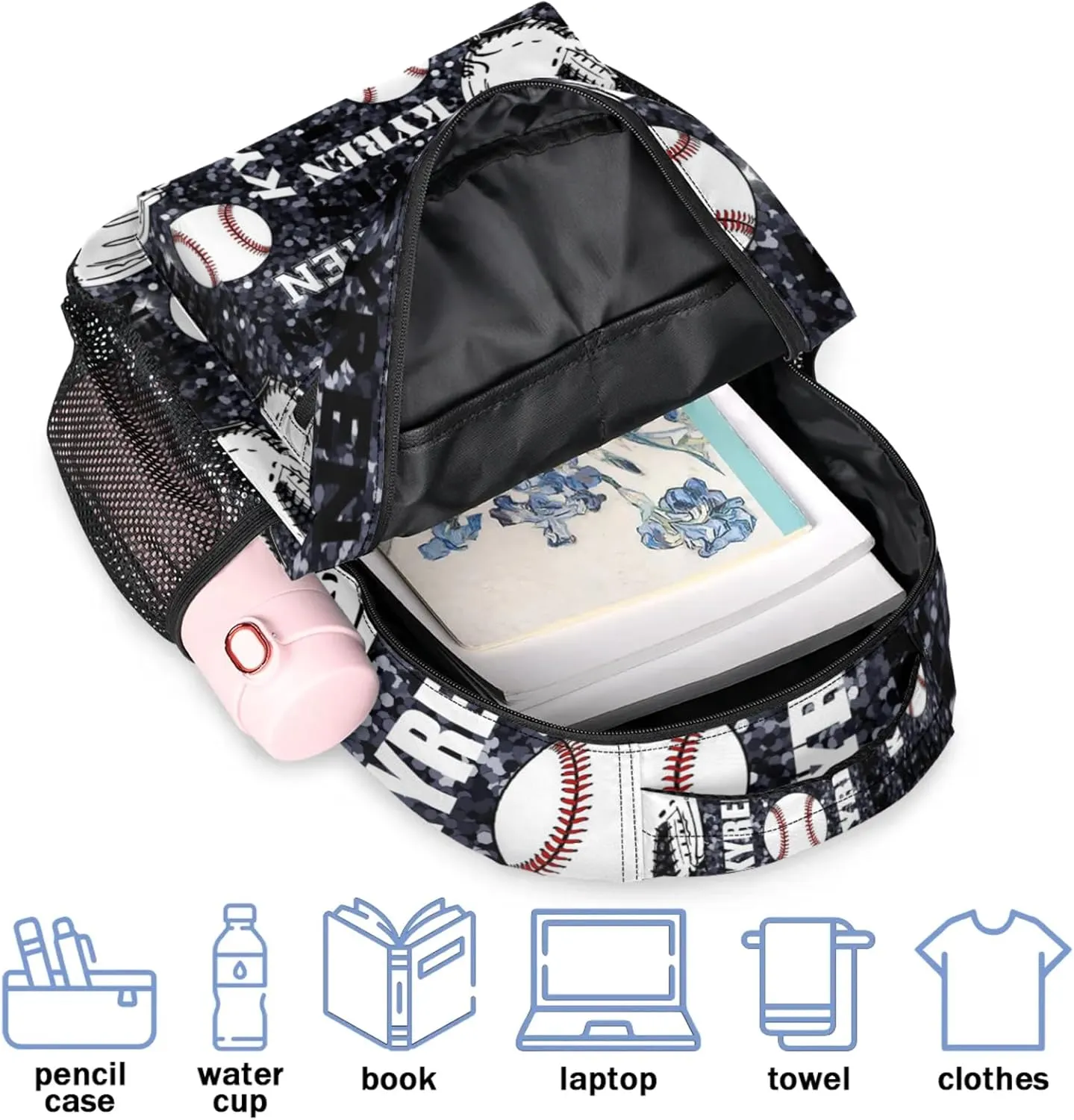 Personalized Baseball Backpack for Men Women, Custom Laptop Backpack with Name, Sports Bag Lightweight Daypack for Travel Hiking Camping, Dark Glitter