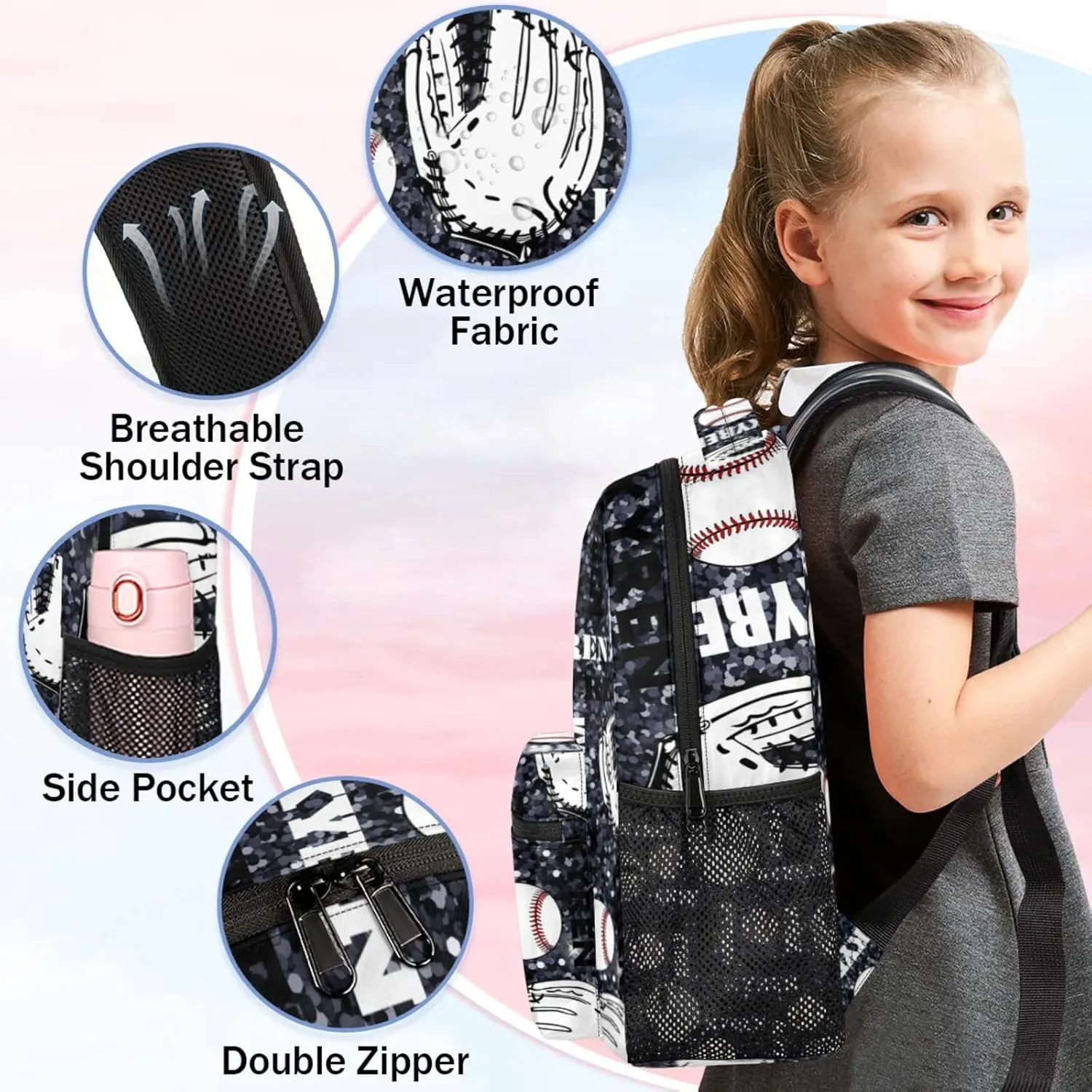 Personalized Baseball Backpack for Men Women, Custom Laptop Backpack with Name, Sports Bag Lightweight Daypack for Travel Hiking Camping, Dark Glitter