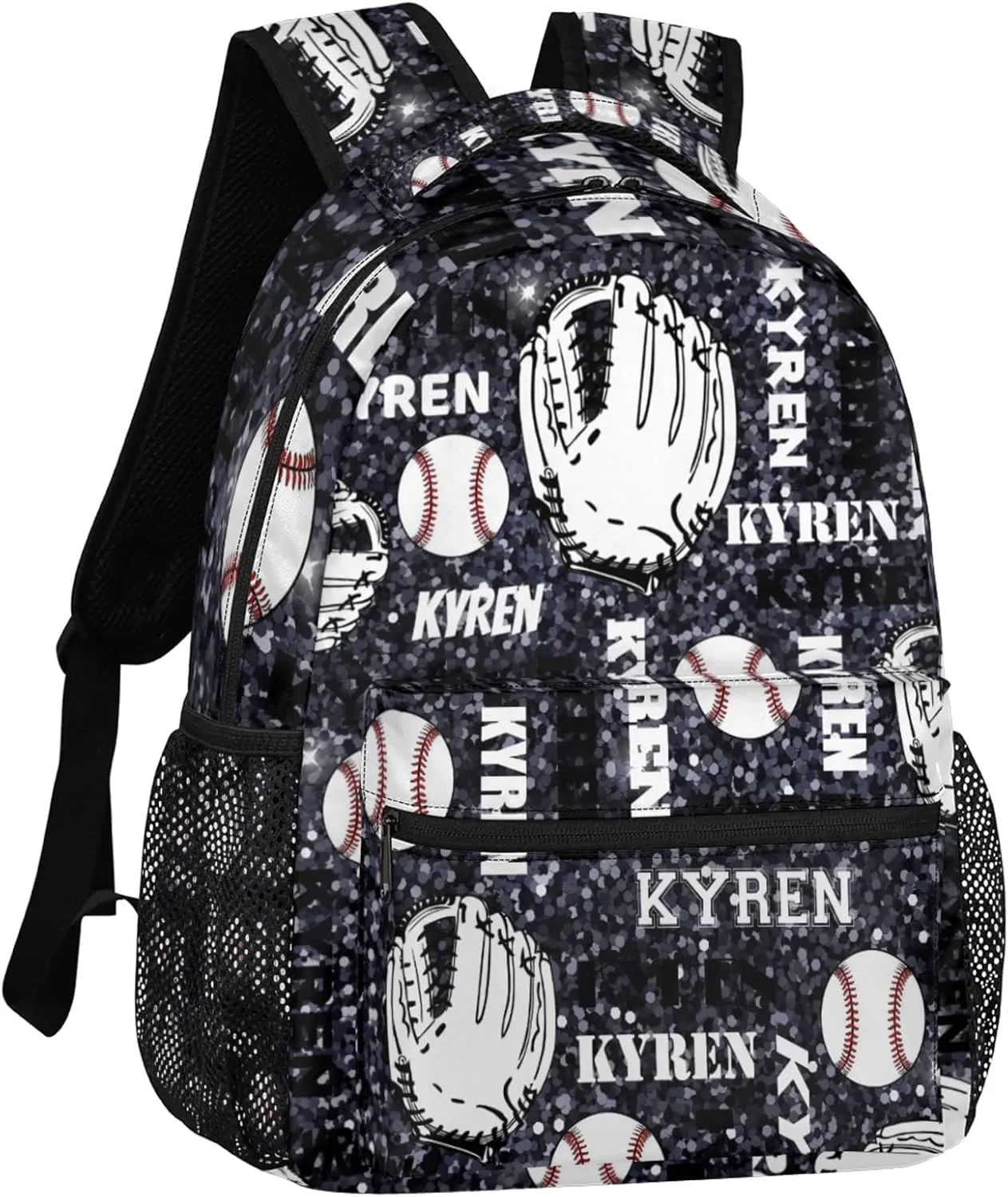Personalized Baseball Backpack for Men Women, Custom Laptop Backpack with Name, Sports Bag Lightweight Daypack for Travel Hiking Camping, Dark Glitter