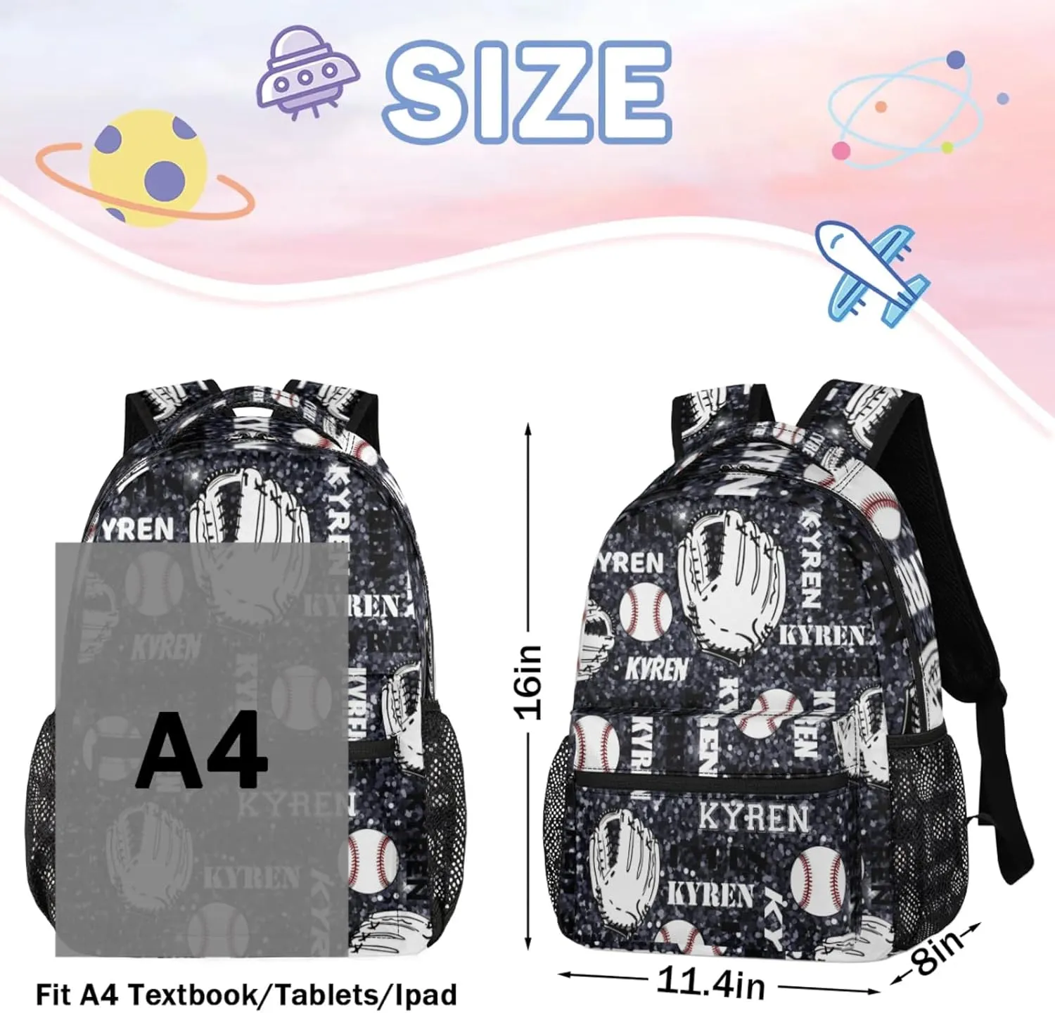 Personalized Baseball Backpack for Men Women, Custom Laptop Backpack with Name, Sports Bag Lightweight Daypack for Travel Hiking Camping, Dark Glitter
